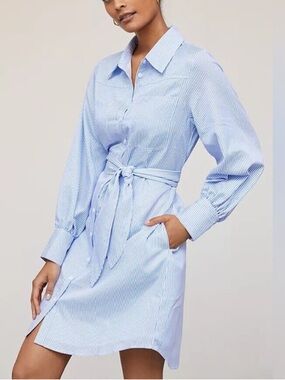 Mare Mare x Anthropologie Blue Striped Tie-Waist Shirt Dress